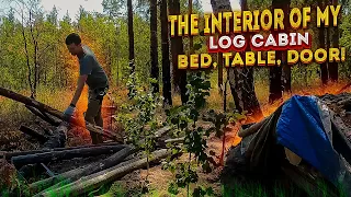 The interior of my LOG CABIN: bed, table, door! Dugout shelter build, Off grid living. PART 4