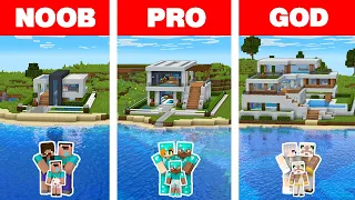 Minecraft NOOB vs PRO vs GOD: MODERN FAMILY BEACH HOUSE BUILD CHALLENGE