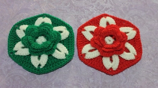 Шестиугольный мотив с объемным цветком крючком. Crochet Hexagon Motif with a Flower.