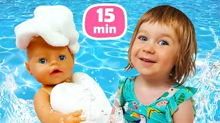 Kids play dolls & feeding Baby Annabell doll at the beach - Baby born dolls videos for kids