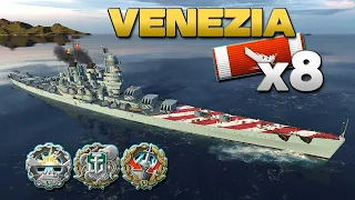 Cruiser Venezia on map Hotspot, 8 ships destroyed - World of Warships