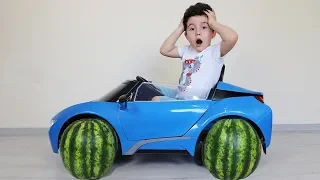 Karpuz Tekerler! Yusuf Ride Powered Car & Change Wheels-Funny Kids Video