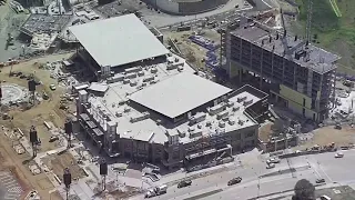 Aerial view: Construction of Globe Life Field, Texas Live!