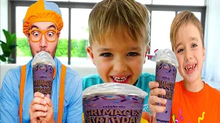 Vlad & Nikita and Blippi Wonders Try Real Life Grimace Shake Drink First Time