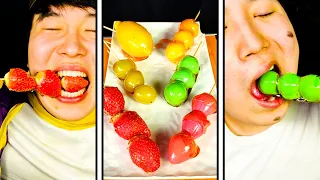 ASMR STRAWBERRY TANGHULU, GUMMY TANGHULU, FRUITS RICE CAKE, WATERMELON DESSERT EATING SOUNDS MUKBANG