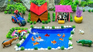 DIY how to make cow shed with Farm Diorama vs Amazing Aquarium | mini pump, supply water for Animals