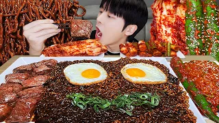 MUKBANG ASMR | KOREAN KIMCHI RECIPE ! BLACK BEAN NOODLES & FRIED EGG & STEAK! KOREAN FOODS