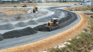 Perfect Operator Komatsu Dozer Spreading Gravel Installing Roads Driveway | Grader Trimming Skills