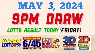 Lotto Result Today 9pm draw May 3, 2024 6/58 6/45 4D Swertres Ez2 PCSO#lotto