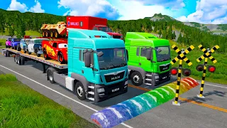 Double Flatbed Trailer Truck vs Speed Bumps Train vs Cars Tractor vs Train | Beamng.Drive