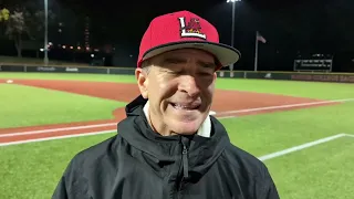 Coach Dan McDonnell and Patrick Forbes talk after a 12-7 series opening win at Boston College