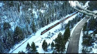 4K: Aerial Chase of a Union Pacific Mixed Freight Train On Donner Pass in the Snow!