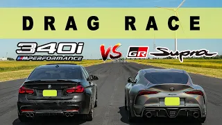 Tuned Toyota Supra GR vs Tuned BMW 340i. You can park The Titanic in between. Drag and Roll Race