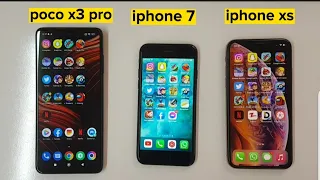 poco x3 pro vs iphone 7 vs iphone xs speed test | pubg, camera, battrey, gyro, Sensitivity