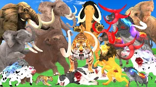 10 Mammoth Elephant vs 10 Giant Lion Tiger Fight Cow Buffalo Saved By Woolly Mammoth vs Big Bull