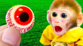 🐵Monkey baby Bi Bon works in the garden,  eats giant Eyeball Jelly candy in space | Monkey Video