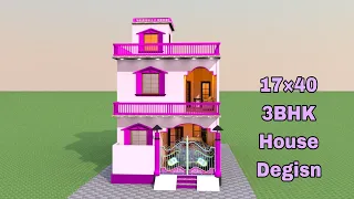 17 by 40 house design idea| 17×40 me double story 3BHK house| Village House plan