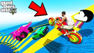 FRANKLIN TRIED IMPOSSIBLE COLOURFUL ROAD MEGA RAMP PARKOUR JUMP CHALLENGE GTA 5 | SHINCHAN and CHOP