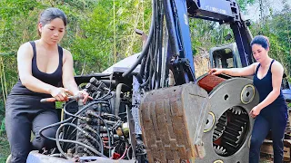 Mechanic Girl repairs and restores excavator in deep forest, Genius Girl repair