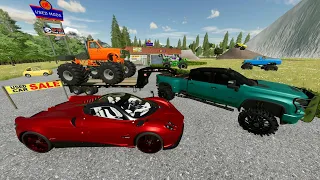 Finding Monster Trucks and Racecars for our Car Dealership | Farming Simulator 22