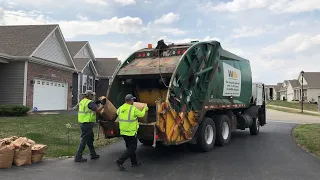 2 Man Crew On A Waste Management Rear Loader Garbage Truck- First Day Of Yard Waste