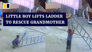 Little Chinese boy lifts ladder to rescue grandmother from fall