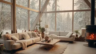 Winter Forest Snowfall and Fireplace Crackling | Cozy Ambience for Stress Relief and Deep Sleep