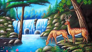 Waterfall forest scene painting with deer | nature drawing painting
