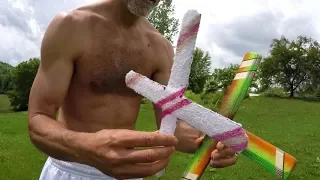 Boomerang made out of a hand towel flies and returns