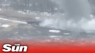 Russian tank explodes after driving over Ukrainian mine on Donetsk battlefield