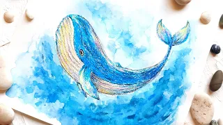 Восковые мелки + акварель! Как нарисовать кита восковыми мелками!