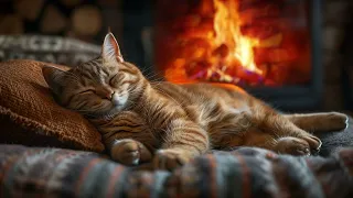 Enjoy A Peaceful Night with Purring Cat and Crackling Fire🔥ASMR Therapy To Deep Sleep, Stress Relief