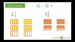 Subtract mixed numbers with unlike denominators by creating area models