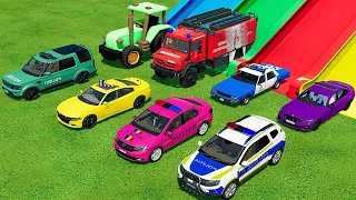 TRANSPORT OF COLORS ! TRANSPORTING TOY TRACTOR, FIRE TRUCK, COLOR POLICE CARS ! Farming Simulator 22