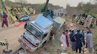 A truck loaded with cement fell down the road causing heavy damage