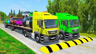 Flatbed Trailer Truck Potholes Transport Car Portal Trap Rescue - Cars vs Speed Bumps - BeamNG.drive