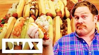 Casey Battles to Finish TWELVE hotdogs in the Dawg House Challenge | Man V Food