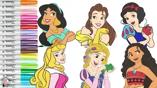 Disney Princess Coloring Book Compilation Snow White Aurora Rapunzel Jasmine Moana Belle Elsa