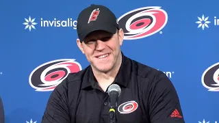 Canes emergency goalie David Ayers speaks with media