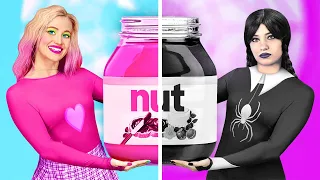 PINK VS BLACK FOOD CHALLENGE |Eating One Color Of Food With Wednesday Addams VS Enid By 123 GO Like!