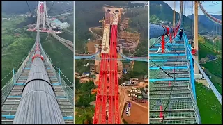 Close-up of construction of bridges across mountains in China