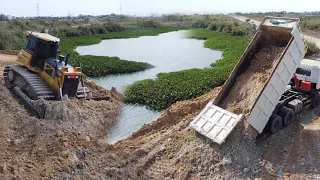 Best Techniques Building foundation New Road by Big Dozer spreading soil & Dump truck unloading soil