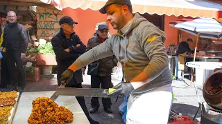 Cooking Nuts Nougat of Sicily with Big Knives. Italian Street Food at Catania