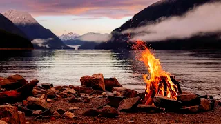 Calm Lake View and Crackling Fire Sounds, 4k Fireplace: A Relaxing and Soothing Experience