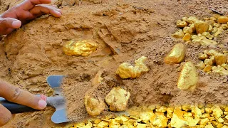 wow so lucky! digging million dollar of gold treasure under stone at mountain, mining exciting.