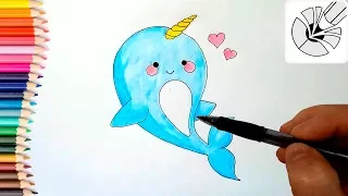Как нарисовать милого голубого кита Единорога - Рисунок и раскраска