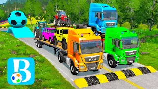 Double Flatbed Trailer Truck vs Speedbumps | Train vs Cars | Tractor vs Train | BeamNG.Drive #06