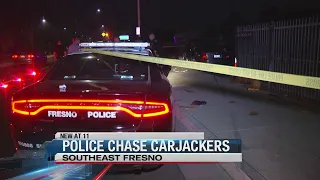 Four carjacking suspects lead Fresno police on a car chase. The suspects crashed into a fence