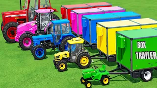 TRANSPORTING MINI & GIANT TRACTORS! BOX TRAILER TRANSPORT TO MUDDY GARAGE! Farming Simulator 22