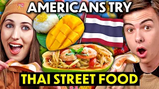 Americans Try Thai Street Food For The First Time! (Sai Krok Isan, Khao Niao Mamuang, Larb Gai)